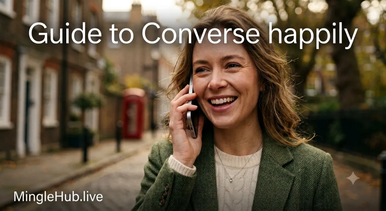 A smiling woman on a phone call on a quiet London street, with the words Guide to Converse happily