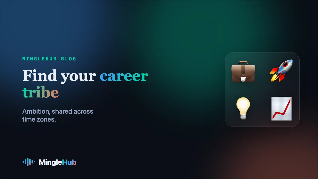 Career motifs: briefcase, rocket, lightbulb and rising chart, on a MingleHub gradient