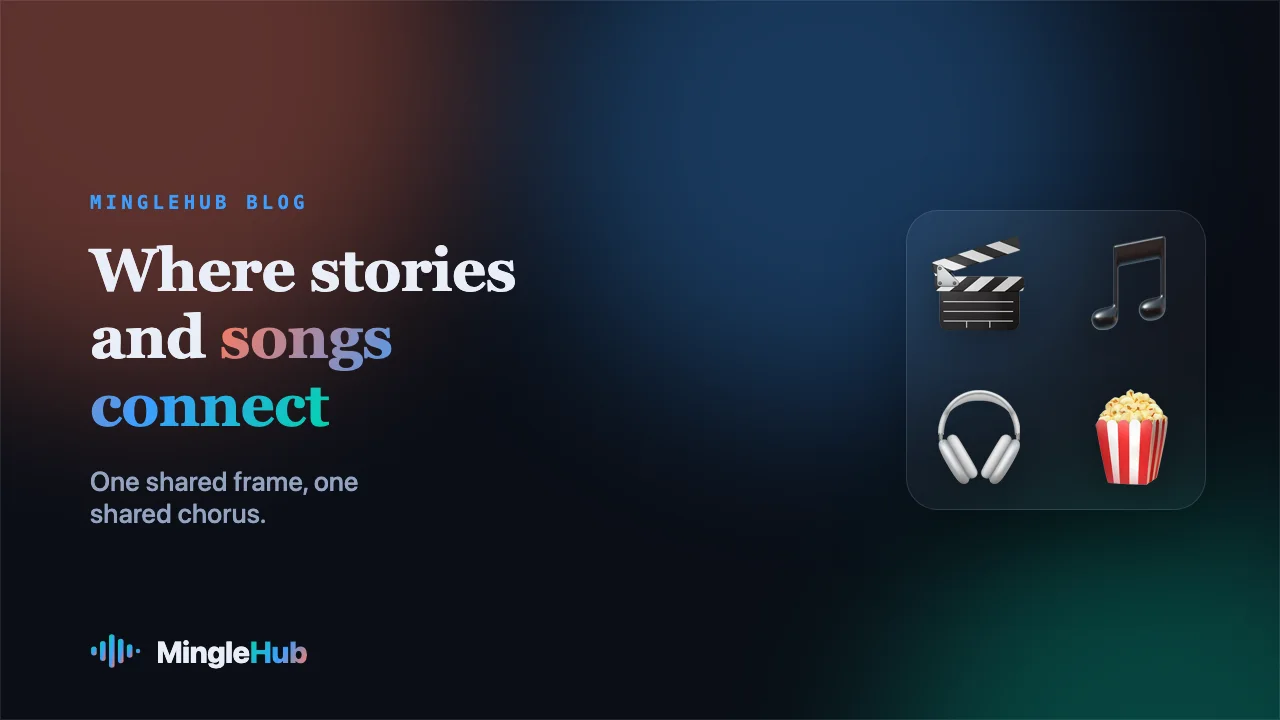 Movie and music motifs: clapperboard, notes, headphones and popcorn, on a MingleHub gradient