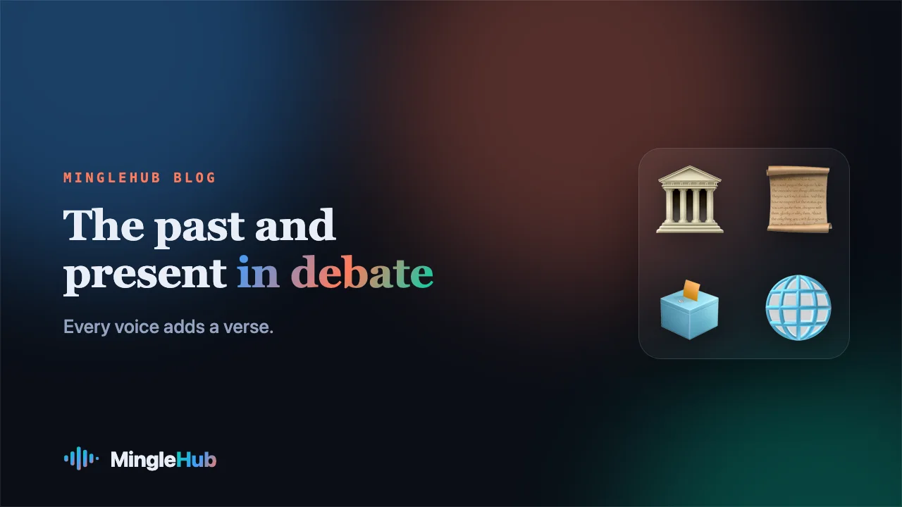 Politics and history motifs: a temple, scroll, ballot box and globe, on a MingleHub gradient