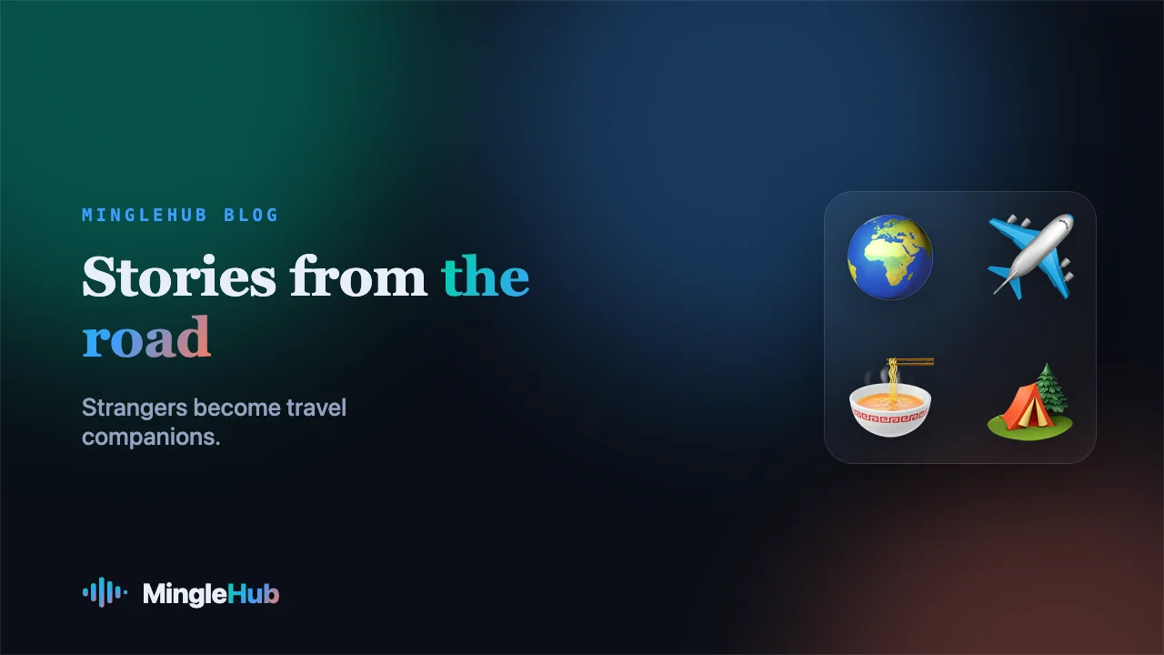 Travel and food motifs: globe, plane, noodles and a tent, on a MingleHub gradient